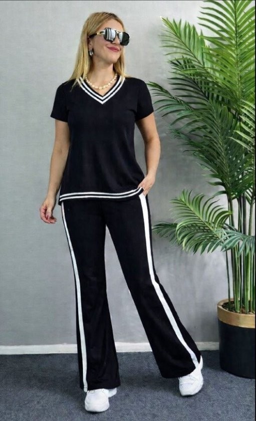 TeknoKapsül Kadın Kısa Kollu V Yakalı Viskon Iki Iplik Bluz ve Pantolon Ikili Takım - Siyah / L-Xl