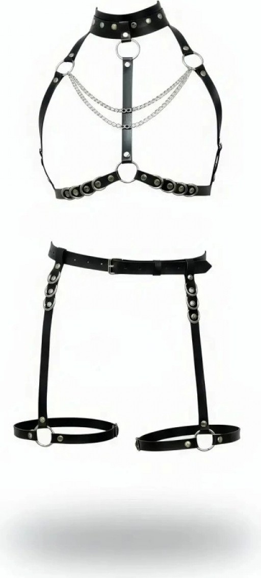 Pileli Store Siyah Harness Takım Zincir Detaylı Metal Halkalı - 1081
