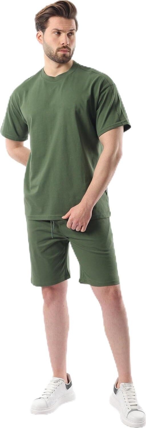 Esranın Dünyası Madmext Haki Overfit Baskılı Erkek Şort T-Shirt Takım E7302,HAKI M