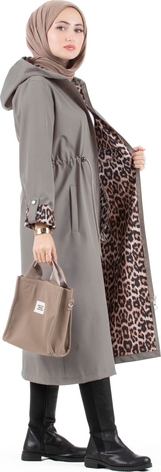 Sevitli Leopar Detaylı Trençkot-Füme görsel 3