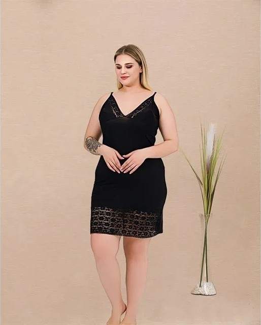 Ang Butik Büyük Beden Çizgi Desenli Dantel Işlemeli 2'li Viskon Siyah Gecelik Sabahlık Takımı görsel 2