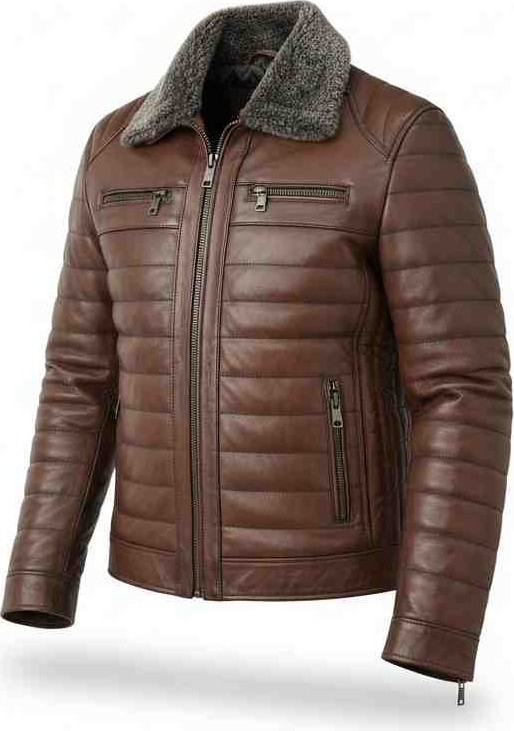 Moda Erkek Kahverengi Yakası Kürklü Fermuarlı Içi Astarlı Hakiki Deri Mont Ceket görsel 4