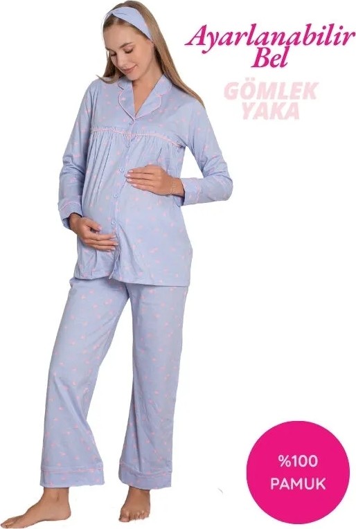 Alimer Mavi Kalpli Hamile Önden Düğmeli Uzun Kol Mevsimlik Bel Ayarlı %100 Pamuk Pijama Takımı-Geniş Kalıp