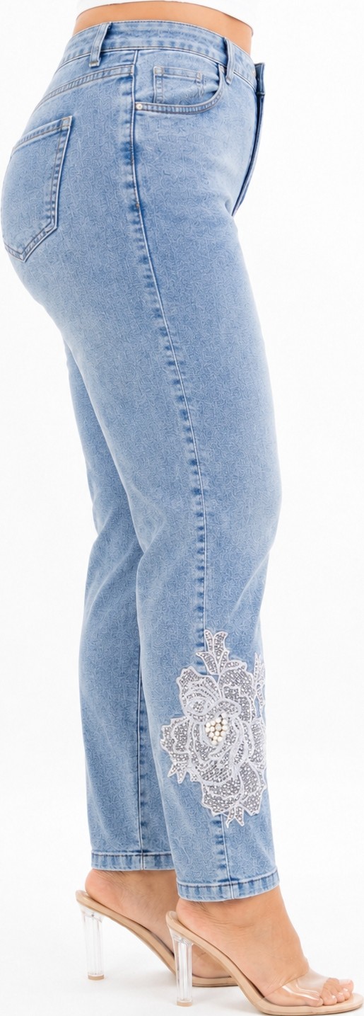 Trieste Wear Büyük Beden Yüksek Bel Çiçek Dantel ve Inci Detaylı Denim Kadın Pantolon görsel 5
