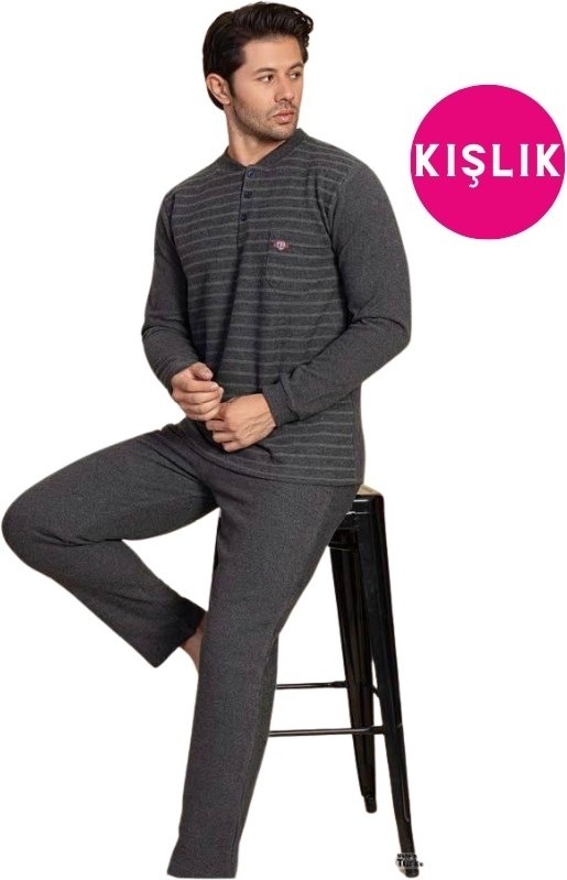 Guava Erkek 3 Düğme Uzun Kol Göğüs Cepli Selanik Kumaş Kışlık Kalın Cepli Pijama Takımı görsel 7