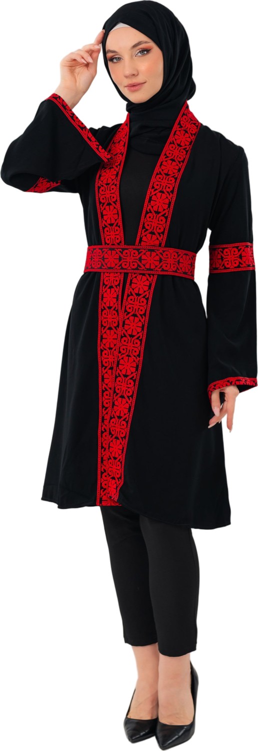 Zaytoon Tesettür Kaban Filistin Nakışlı Kırmızı Siyah Kısa Kaban Abaya Kadın