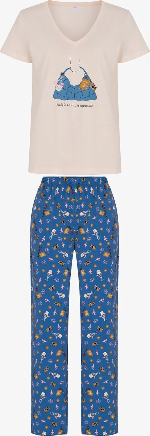 Penti Mavi Pajamas Only Aksesuar Desenli Pantolon Kısa Kollu Pijama Takımı görsel 2