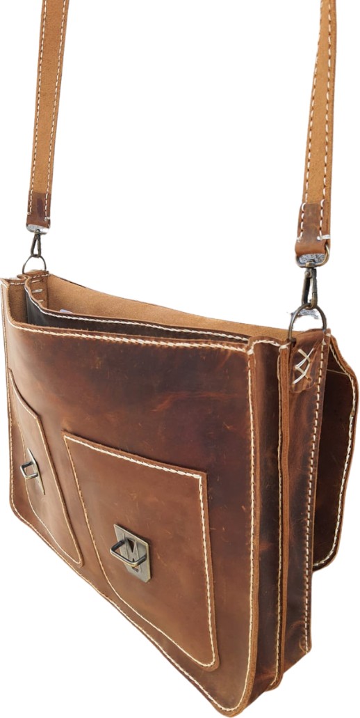 Semiramis Zeus Model Deri El Yapımı Unisex Kızıl Taba Çift Körüklü Vintage Evrak Çantası görsel 3