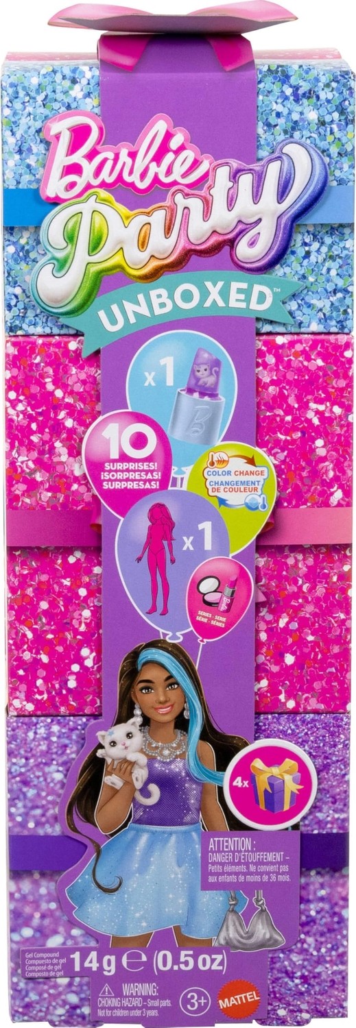Aesco Barbie Parti Paketi Bebek ve Aksesuarlar, Muhteşem Parti Serisi, Renk Değişimi Dahil 10 Sürpriz, Mor Renk ve Işıltı Teması, JFY66