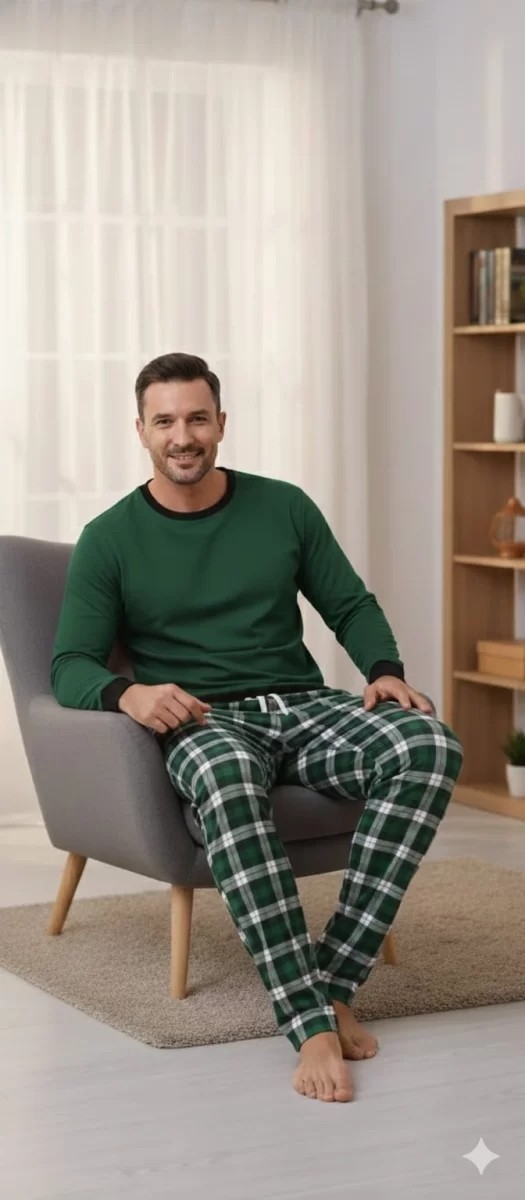 Melonika Pijalüx Tek Alt Ekose Kalın Poplin Ev Pantalonu görsel 2