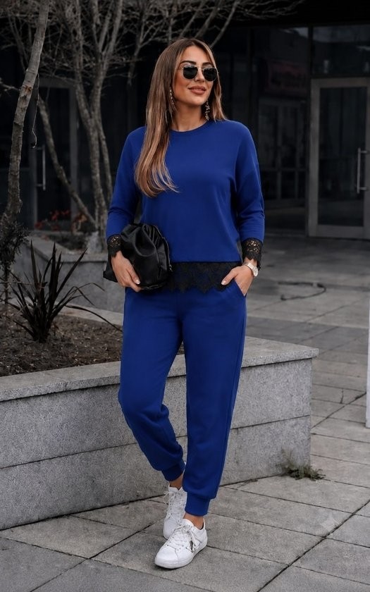 Trend Cojans Kadın Uzun Kollu Bisiklet Yakalı Dantelli Viskon Iki Iplik Bluz ve Pantolon Ikili Takım