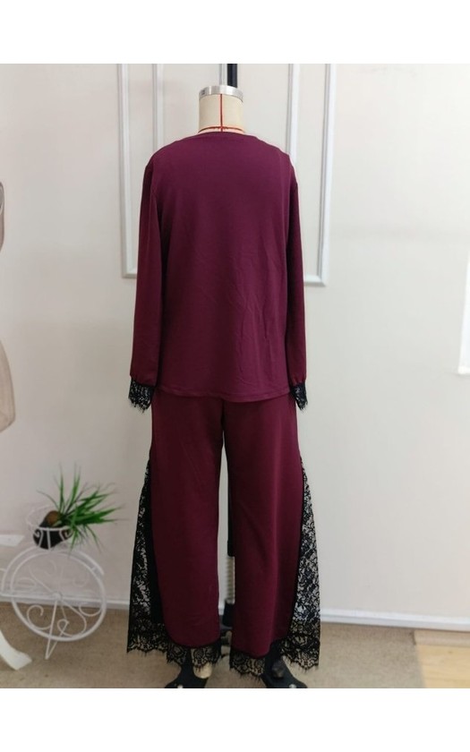 Deridün Yıldız Shoes Kadın Uzun Kollu Bisiklet Yakalı Dantel Detaylı Viskon Iki Iplik Bluz ve Pantolon Ikili Takım görsel 6