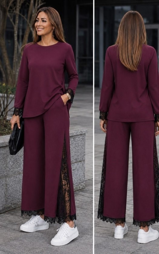 Gökyüzü Moda Kadın Uzun Kollu Bisiklet Yakalı Dantel Detaylı Viskon Iki Iplik Bluz ve Pantolon Ikili Takım