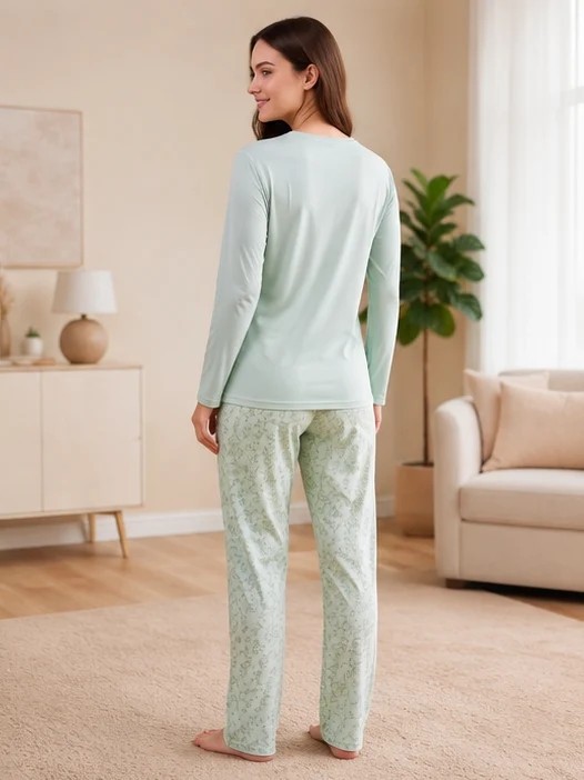 Flz Kadın Viskon Pijama Takımı Kışlık Uzun Kollu Bisiklet Yaka Desenli Rahat Pijama M L Xl Xxl 89-157 görsel 6