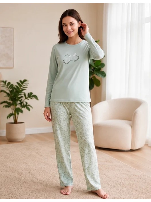 Flz Kadın Viskon Pijama Takımı Kışlık Uzun Kollu Bisiklet Yaka Desenli Rahat Pijama M L Xl Xxl 89-157 görsel 8