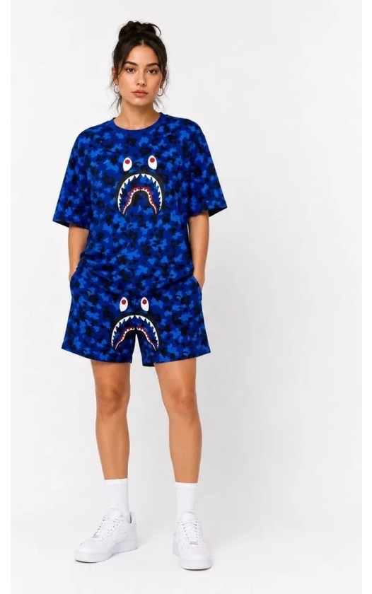 TeknoKapsül Oversize Kalıp Pubg Bape x Shark Nakışlı Cepli Şort Takım - Mavi - Mavi / L görsel 3