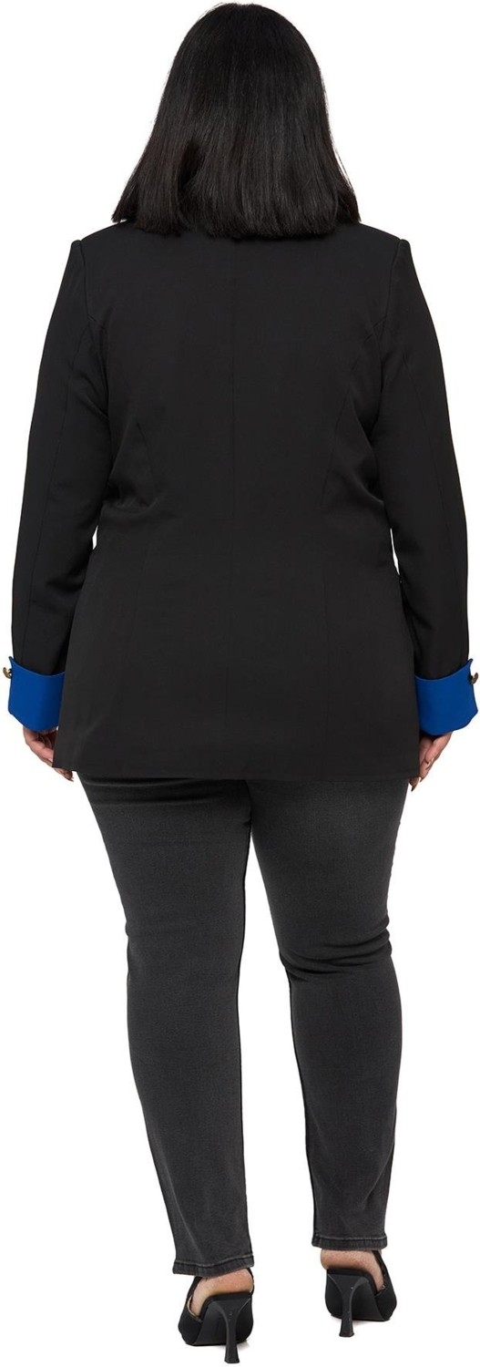 Disentis Modest Büyük Beden Manşeti Kumaş Garnili Düğme Detaylı Astarlı Siyah Saks Mavi Blazer Ceket görsel 3