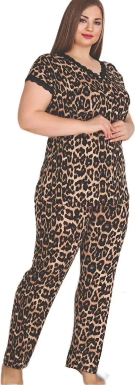 Yare Dantelli - Leopar Oversize Düğmeli Büyük Beden Pijama Takımı