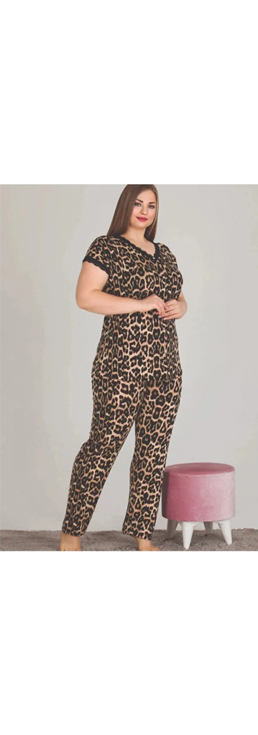 Yare Dantelli - Leopar Oversize Düğmeli Büyük Beden Pijama Takımı görsel 3