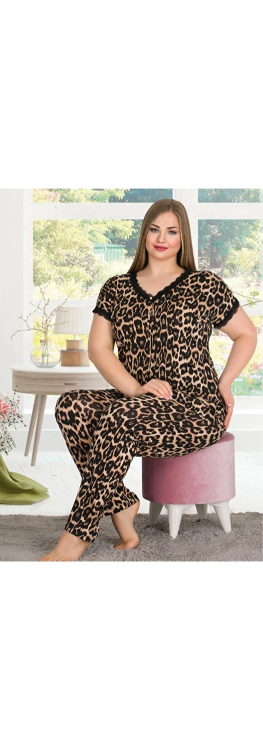 Yare Dantelli - Leopar Oversize Düğmeli Büyük Beden Pijama Takımı görsel 5