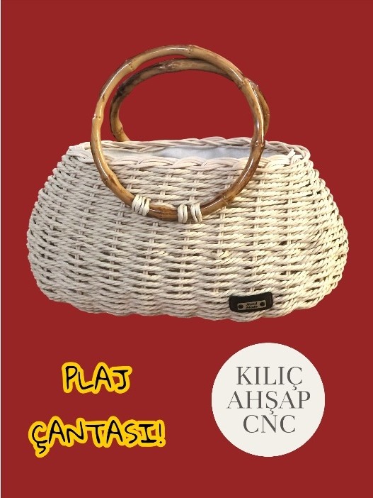 Kılıç Ahşap Cnc & Lazer Plaj Çantası -Çanta- Bambu El Örmesi Çanta