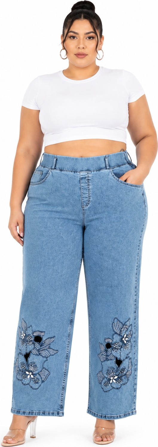 Zanessi Büyük Beden Denim Taşlı Yüksek Bel Bol Paça Kadın Pantolon
