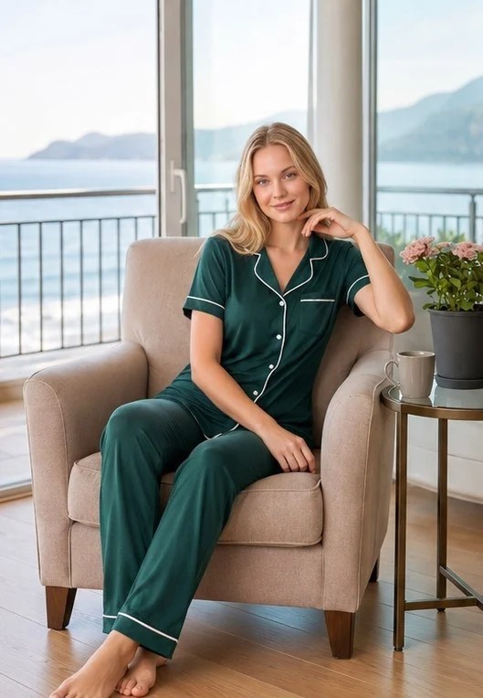 Kadın Viskon Pijama Takımı Yazlık Kısa Kollu Boydan Düğmeli Biyeli Şık Pijama M L Xl Xxl 780-108