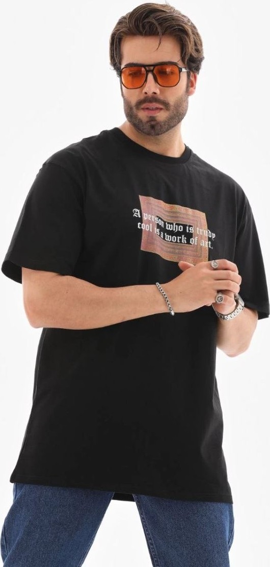 Fantastik Store Erkek Baskılı T-Shirt Kısa Kol Bisiklet Yaka Regular Fit Rahat Kalıp Tişört - Siyah görsel 2