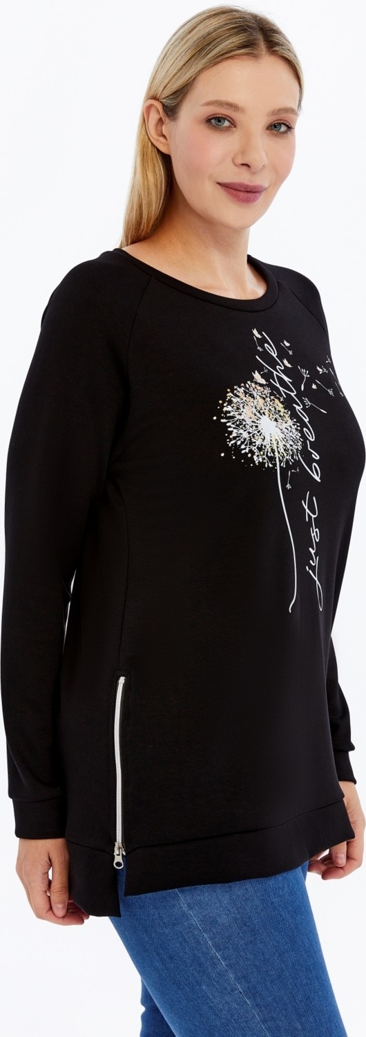 Curvy Trend Büyük Beden Breathe Baskılı Fermur Yırtmaç Detaylı Yumuşak Dökümlü Kumaş Reglan Kol Sweashirt görsel 4