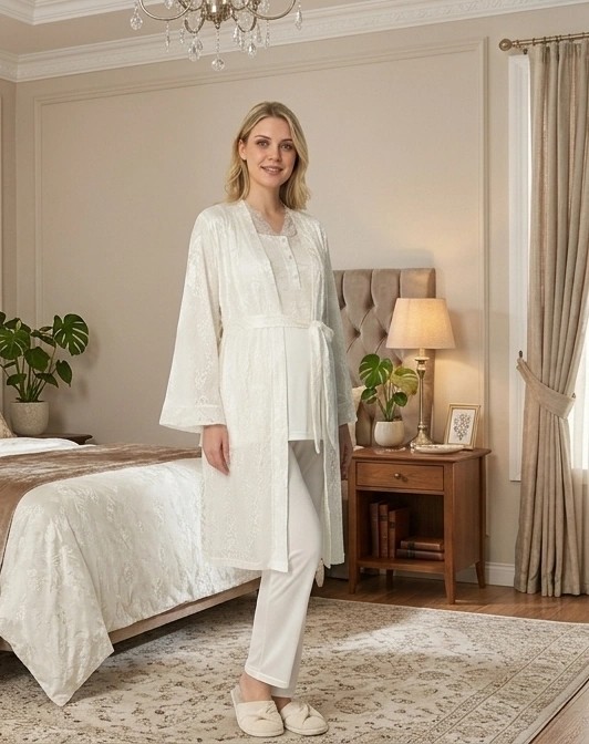 Çamaşır Kenti Bone 6201 Kadın Jakar Saten Sabahlıklı Lohusa Pijama Takımı