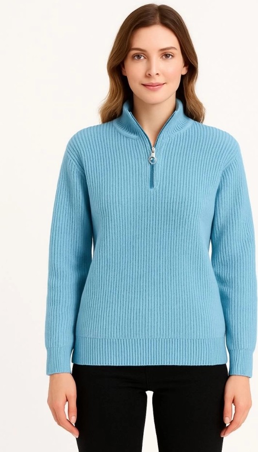 Kadın Yarım Fermuarlı Triko Kazak, Selanik Örgü, Dik Yaka, Pamuklu Dokuma, Oversize Uzun Kollu Kışlık Model - Bebe Mavisi görsel 2