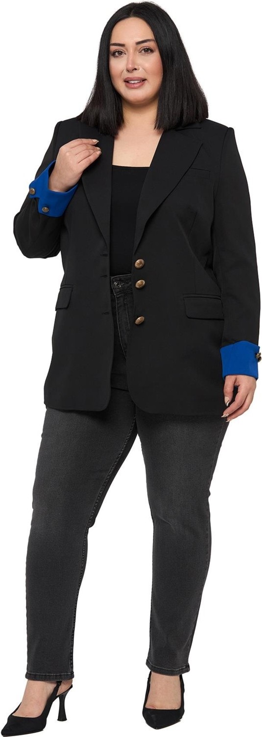 Disentis Modest Büyük Beden Manşeti Kumaş Garnili Düğme Detaylı Astarlı Siyah Saks Mavi Blazer Ceket görsel 6
