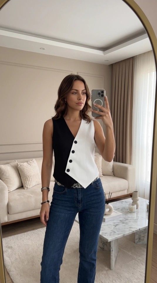 Lune Store Kadın Sıfır Kol V Yakalı Düğmeli Blok Renkli Atlas Yelek