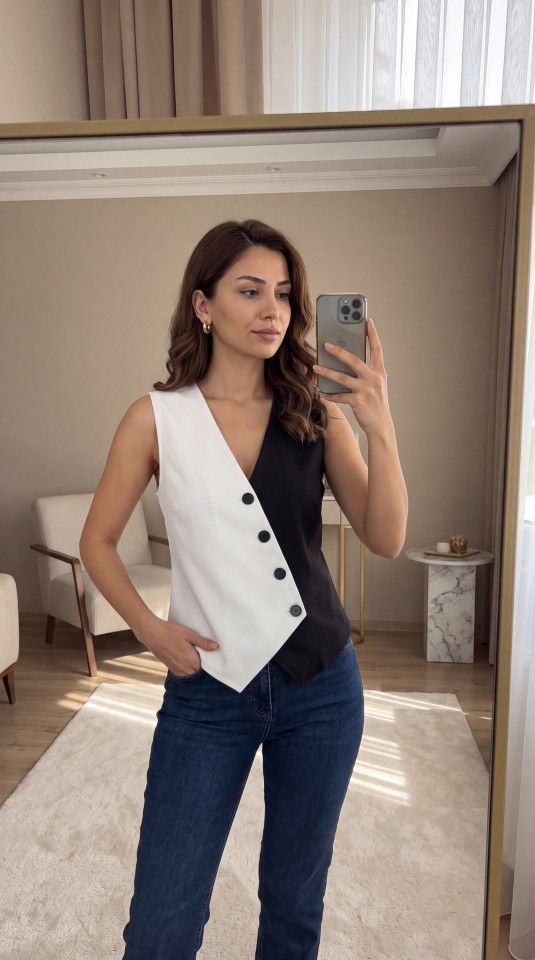 Oada Kadın Sıfır Kol V Yakalı Düğmeli Blok Renkli Atlas Yelek görsel 2