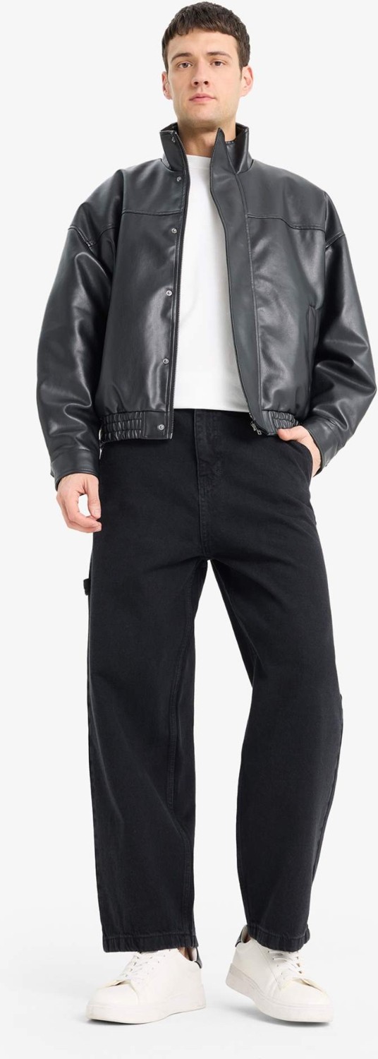 DeFacto Su İtici Oversize Fit Geniş Kalıp Dik Yaka İç Cepli Çıtçıt Kapamalı Beli Lastikli Deri Ceket Mont D2427AX25AU görsel 2