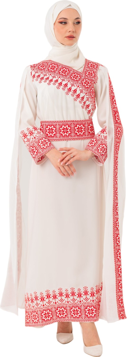 Zaytoon Tesettür Elbise Filistin Nakışlı Eğimli Omuz Uzun Açık Kollu Siyah M-3XL