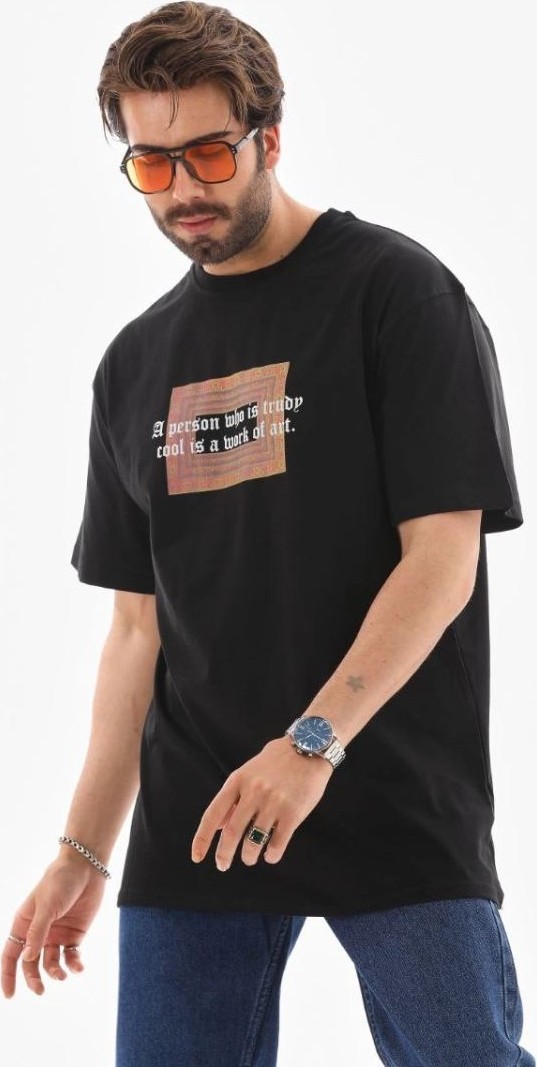 Fantastik Store Erkek Baskılı T-Shirt Kısa Kol Bisiklet Yaka Regular Fit Rahat Kalıp Tişört - Siyah görsel 3