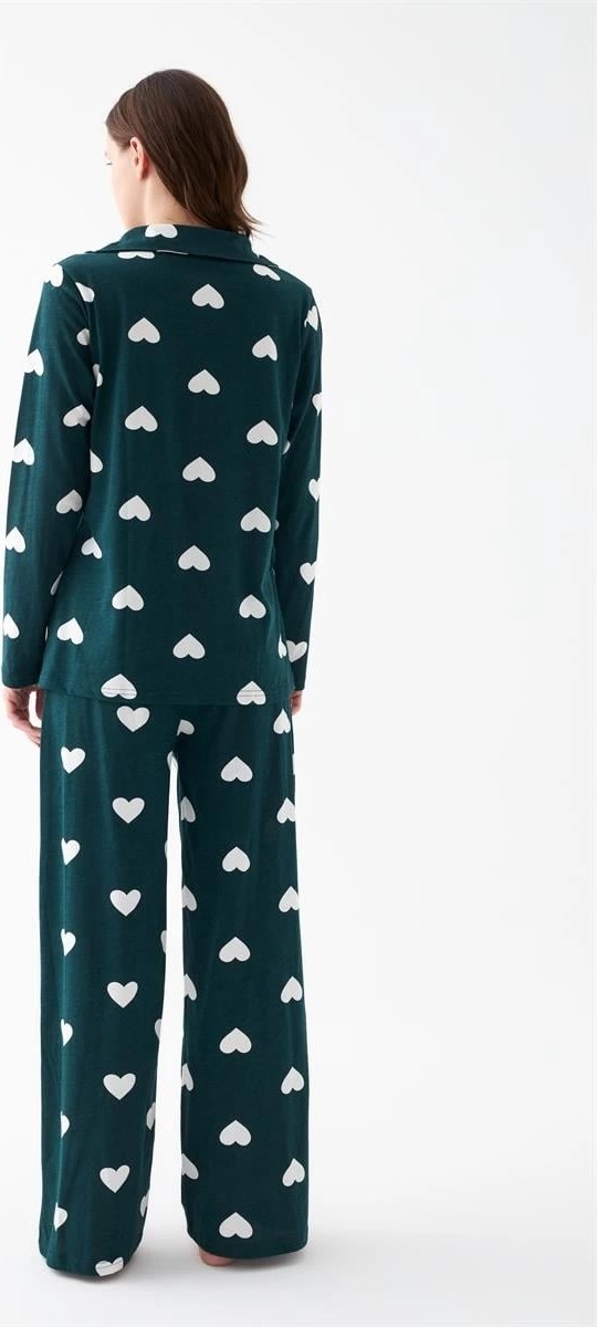 mery Kadın Zümrüt Yeşili Kalp Desenli Düğmeli Pamuklu Pijama Takımı Mery görsel 5