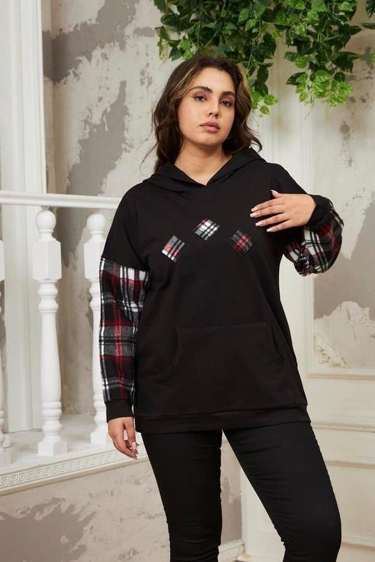 Imagine Giyim Kollar Ekose Büyük Beden Siyah Sweatshirt