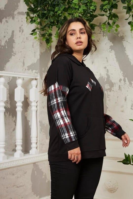 Imagine Giyim Kollar Ekose Büyük Beden Siyah Sweatshirt görsel 2