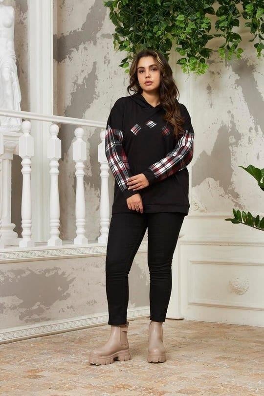 Imagine Giyim Kollar Ekose Büyük Beden Siyah Sweatshirt görsel 5