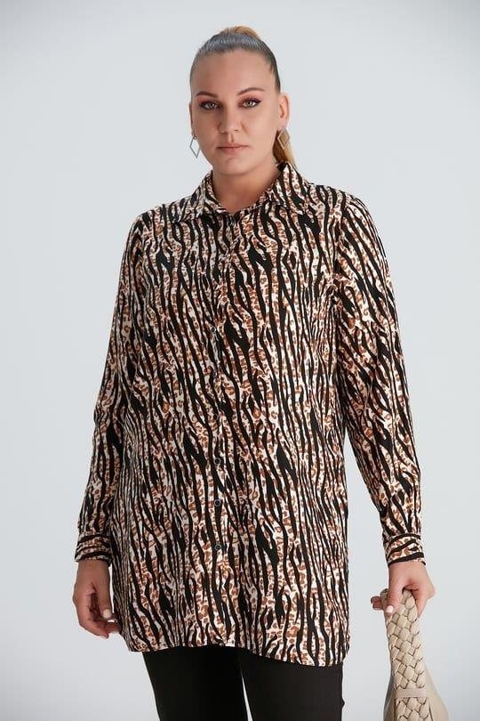 Imagine Giyim Zebra Desenli Yırtmaçlı Büyük Beden Siyah Belmando Kumaş Tunik