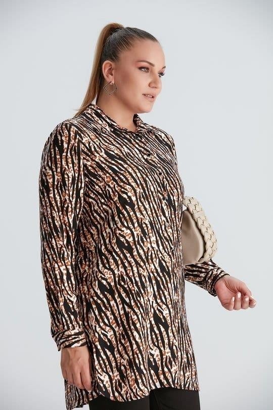 Imagine Giyim Zebra Desenli Yırtmaçlı Büyük Beden Siyah Belmando Kumaş Tunik görsel 2