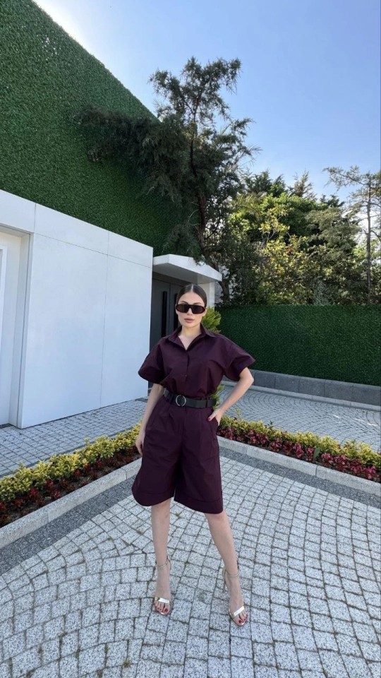 Aesco Yakalı Gömlek Kemerli Şortlu Takım - Bordo