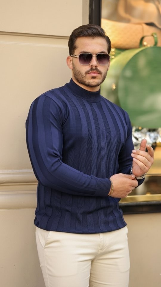 TeknoKapsül Erkek Yarım Balıkçı Yaka Kabartma Desenli Triko - Lacivert / 2xl
