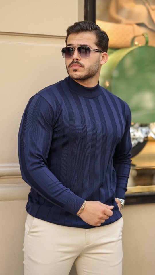 TeknoKapsül Erkek Yarım Balıkçı Yaka Kabartma Desenli Triko - Lacivert / 2xl görsel 3
