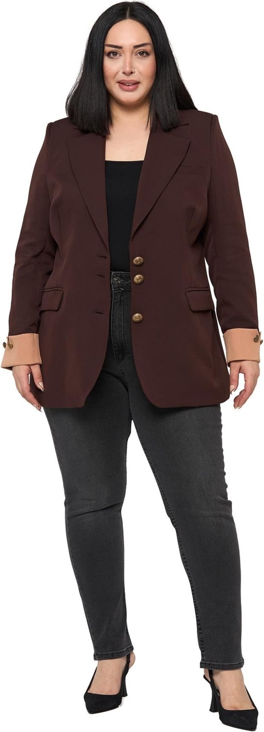 Disentis Modest Büyük Beden Manşeti Kumaş Garnili Düğme Detaylı Astarlı Siyah Saks Mavi Blazer Ceket