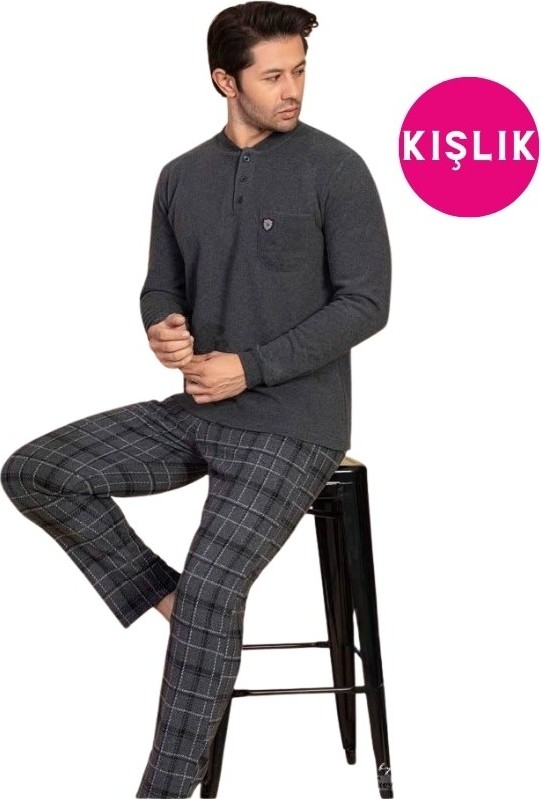 Guava Erkek 3 Düğme Uzun Kol Göğüs Cepli Selanik Kumaş Kışlık Kalın Cepli Pijama Takımı