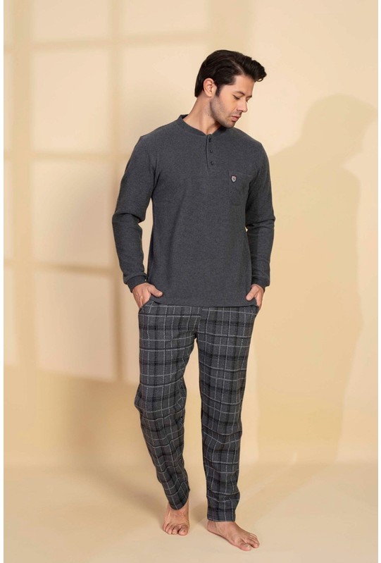 Guava Erkek 3 Düğme Uzun Kol Göğüs Cepli Selanik Kumaş Kışlık Kalın Cepli Pijama Takımı görsel 5