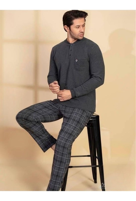 Guava Erkek 3 Düğme Uzun Kol Göğüs Cepli Selanik Kumaş Kışlık Kalın Cepli Pijama Takımı görsel 6